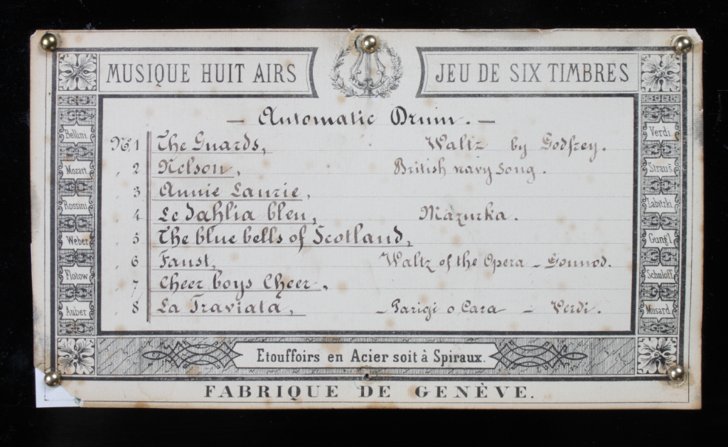 Programme de labBoîte à musique «Automatic Drum». B.A. Brémond, Genève vers 1865.